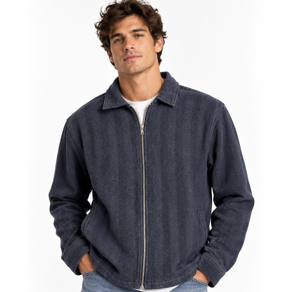 Abercrombie & Fitch Mens Relaxed Herringbone Full Zip Jacket Navy Blue S NEW